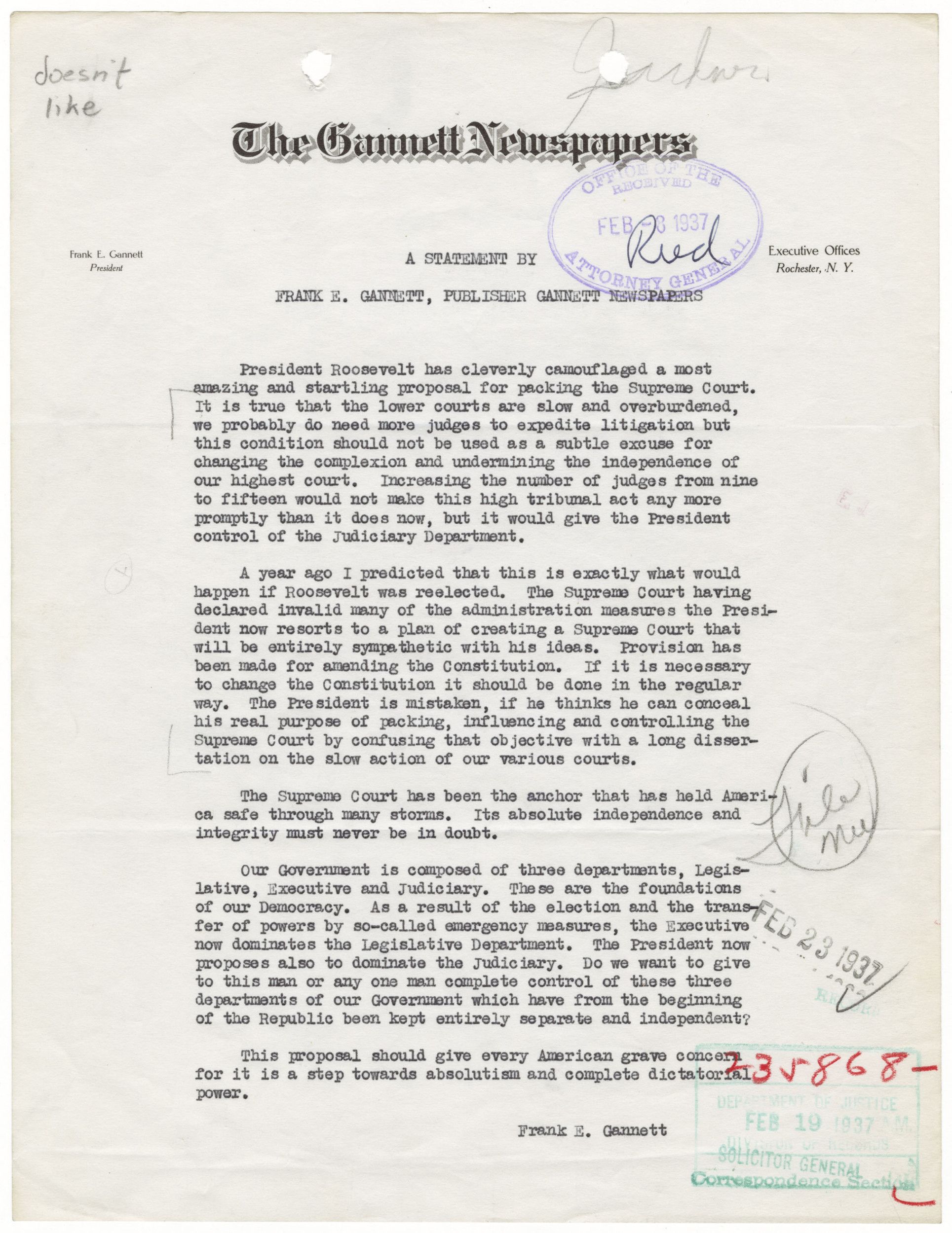 Statement by Frank E. Gannett