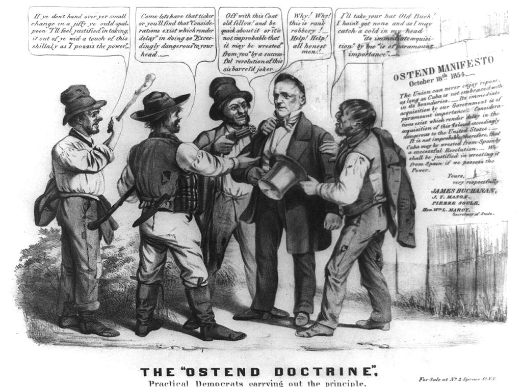 This political cartoon illustrates James Buchanan beset by figures who employ quotes from the Ostend Manifesto to legitimize their criminal acts.