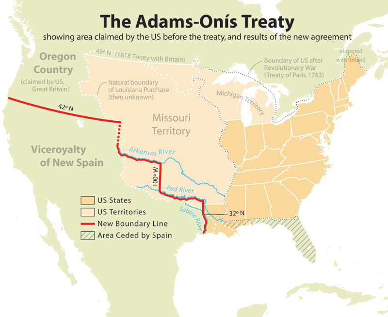 Map illustrating the outcomes of the Adams-Onis Treaty